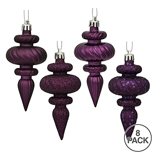 Vickerman 4" 4-Finish Finial Ornament, Shatterproof Plastic Christmas Tree Decoration, 8 Pack, Plum Shiny, Matte, Glitter and Sequin Finishes - Image 2