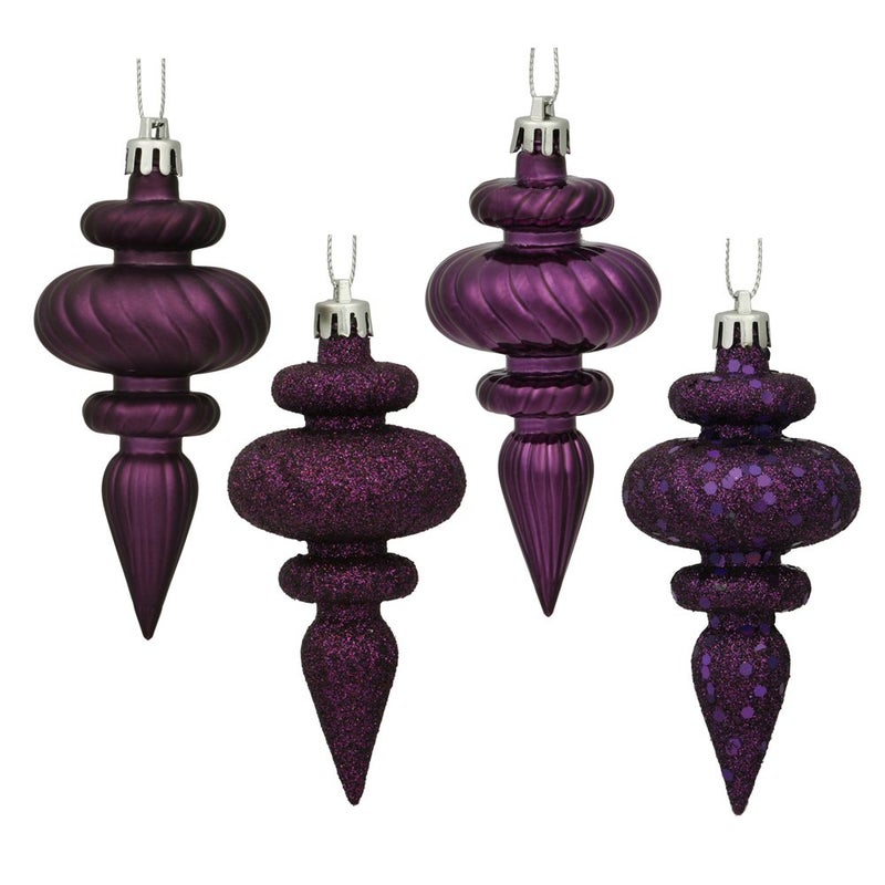 Vickerman 4" 4-Finish Finial Ornament, Shatterproof Plastic Christmas Tree Decoration, 8 Pack, Plum Shiny, Matte, Glitter and Sequin Finishes - Image 3