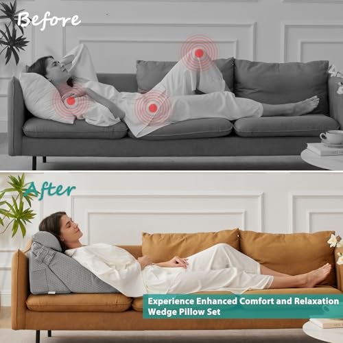 Bedluxe 3Pcs Orthopedic Bed Wedge Pillow Set, Foam Wedge Pillow Post Surgery for Back, Leg and Knee Support, Adjustable 9&12 Inch Folding Triangle Pillow for Sleeping, Acid Reflux, Snoring, Grey - Image 3