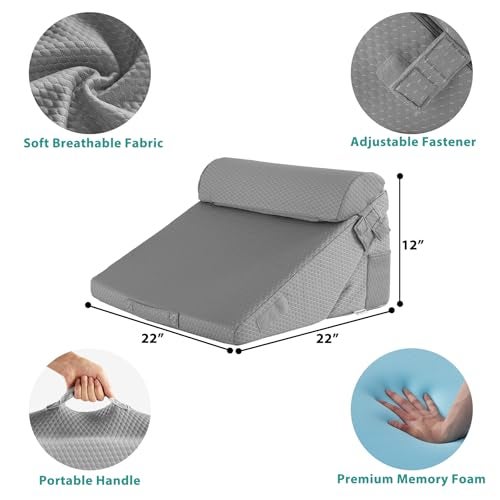 Bedluxe 3Pcs Orthopedic Bed Wedge Pillow Set, Foam Wedge Pillow Post Surgery for Back, Leg and Knee Support, Adjustable 9&12 Inch Folding Triangle Pillow for Sleeping, Acid Reflux, Snoring, Grey - Image 5