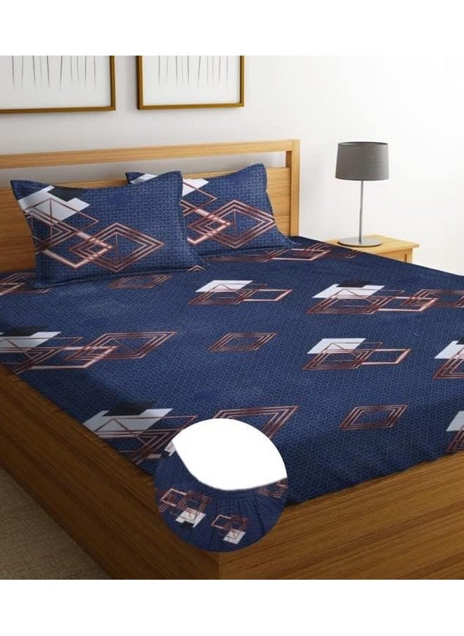 BSB HOME BSB HOME Premium Cotton Elastic Fitted Bedsheets with 2 King Size Pillow Covers | Double Bed with All Around Elastic 180 TC Supersoft | (72"x78",Blue & Brown)  - Image 2