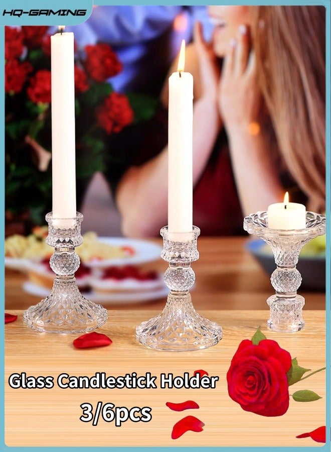 HQ-GAMING Glass Candle Holder Set of 3/6, Clear Candlestick Holder, Taper Candle Holder for Wedding Table Centerpieces, Valentines Day Decor, Anniversary, Bridal Shower Home Party Table Decor(Clear) - Image 1