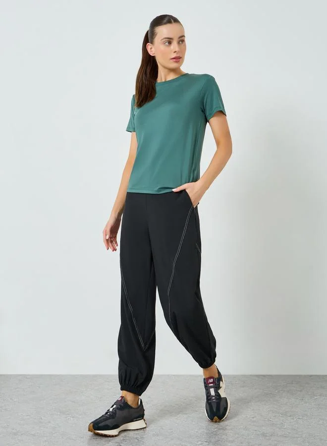 Styli Active Textured Back Dual Stripe Short Sleeve Top