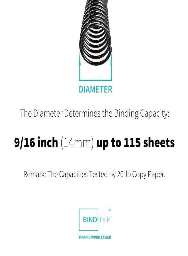 Binditek 100 Pack Plastic Spiral Binding Coils, 14mm(9/16") Binding Spirals, 115 Sheet Capacity, 4:1 Pitch, Black Binding Spines, for Students and Coworkers - Image 2