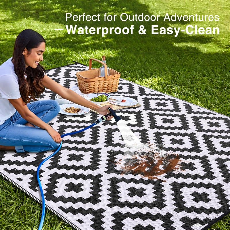 OLANLY Waterproof Outdoor Rug 6x9 ft, Outdoor Plastic Straw Rug for Camping, RV Mat Outside, Indoor Outdoor Carpet for Porch, Deck, Backyard, Balcony, Picnic, Black & White - Image 3
