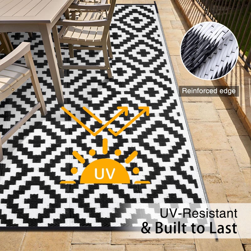 OLANLY Waterproof Outdoor Rug 6x9 ft, Outdoor Plastic Straw Rug for Camping, RV Mat Outside, Indoor Outdoor Carpet for Porch, Deck, Backyard, Balcony, Picnic, Black & White - Image 4