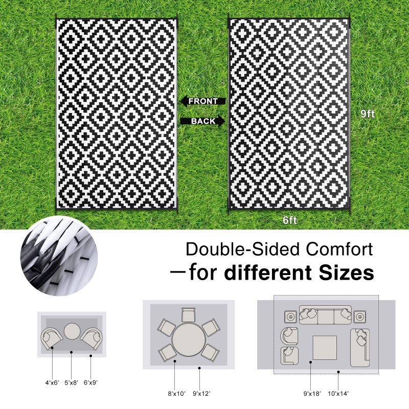 OLANLY Waterproof Outdoor Rug 6x9 ft, Outdoor Plastic Straw Rug for Camping, RV Mat Outside, Indoor Outdoor Carpet for Porch, Deck, Backyard, Balcony, Picnic, Black & White - Image 2