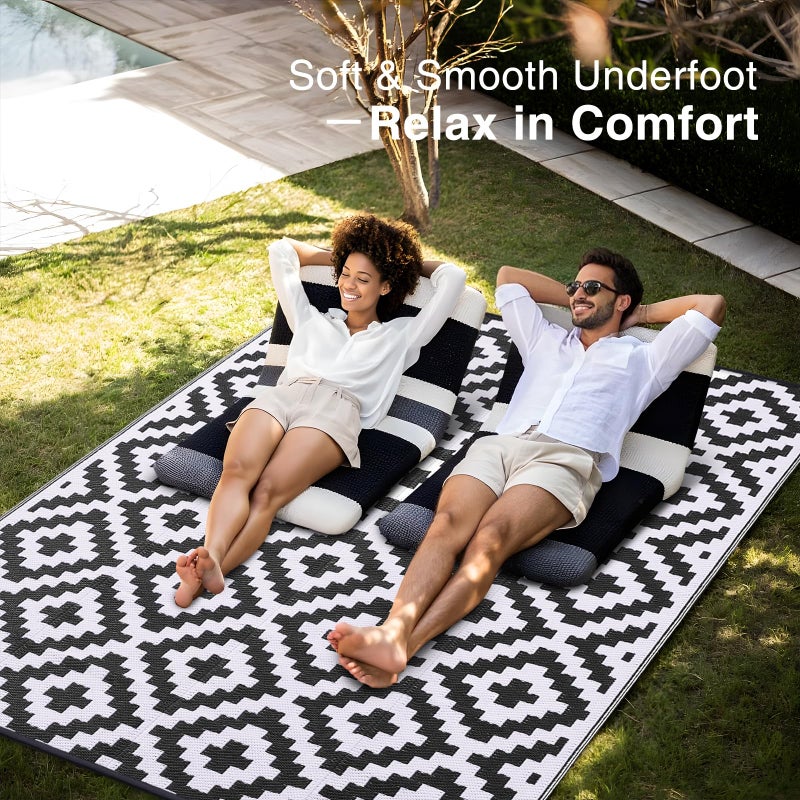 OLANLY Waterproof Outdoor Rug 6x9 ft, Outdoor Plastic Straw Rug for Camping, RV Mat Outside, Indoor Outdoor Carpet for Porch, Deck, Backyard, Balcony, Picnic, Black & White - Image 5