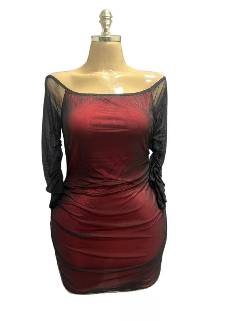 مانيكان فستان مانيكان النسائي قصير الأكمام بقصة ضيقة من الأمام، لون عنابي، مع شبكة وأكمام طويلة ورقبة مربعة - Image 5