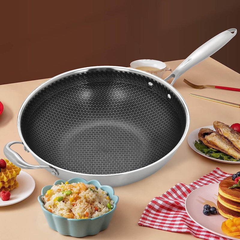 FING Stainless Steel Handle Woks Honeycomb Skillets Skillets Wok with Nonstick CoatingFlatBottom Cooking Pans Suitable for All Types of Cooker Chinese Wok Kitchen Stove - Image 4