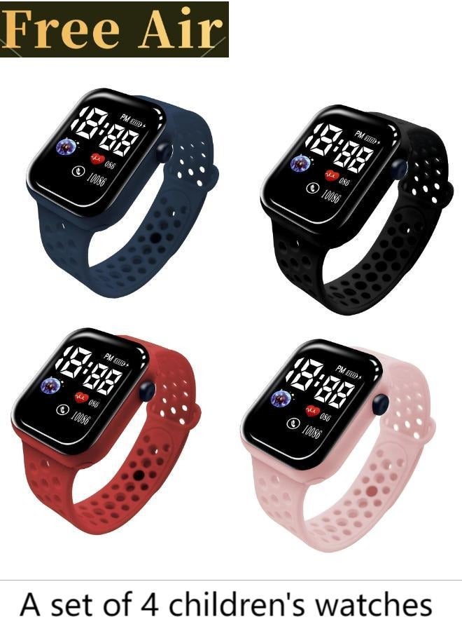 Free Air 4 Pcs Kids' Square Water Resistant Silicone Digital Watch (Blue/Red/Black/Pink) - Image 1