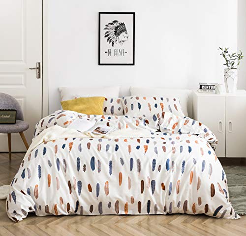YuHeGuoJi YuHeGuoJi Blue Brown Feather Duvet Cover Queen 100 Cotton 3 Pcs Set 1 Bird Plume Boho Duvet Cover with Zipper Ties 2 Pillowcases Colorful Bohemian Bedding