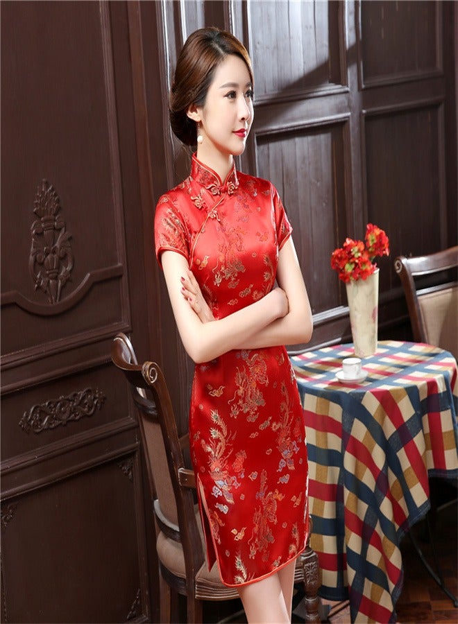 Loquat Dragon And Phoenix Short Sleeved Dress Red  - Image 1