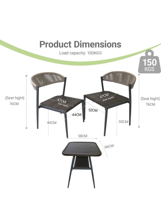 صن رايز طقم طاولة وكراسي خارجية مكون من 3 قطع – طاولة بسطح زجاجي وكراسي بحبال منسوجة وإطار من الألمنيوم – تصميم مدمج وقابل للتكديس للشرفة أو الحديقة أو الفناء أو المساحات الصغيرة - Image 3