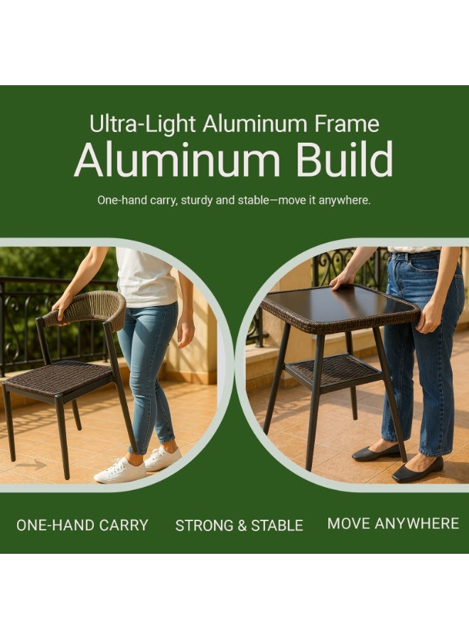 صن رايز طقم طاولة وكراسي خارجية مكون من 3 قطع – طاولة بسطح زجاجي وكراسي بحبال منسوجة وإطار من الألمنيوم – تصميم مدمج وقابل للتكديس للشرفة أو الحديقة أو الفناء أو المساحات الصغيرة - Image 5