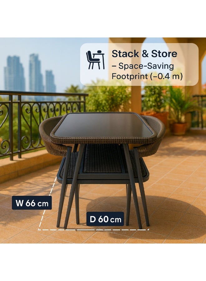 صن رايز طقم طاولة وكراسي خارجية مكون من 3 قطع – طاولة بسطح زجاجي وكراسي بحبال منسوجة وإطار من الألمنيوم – تصميم مدمج وقابل للتكديس للشرفة أو الحديقة أو الفناء أو المساحات الصغيرة - Image 2