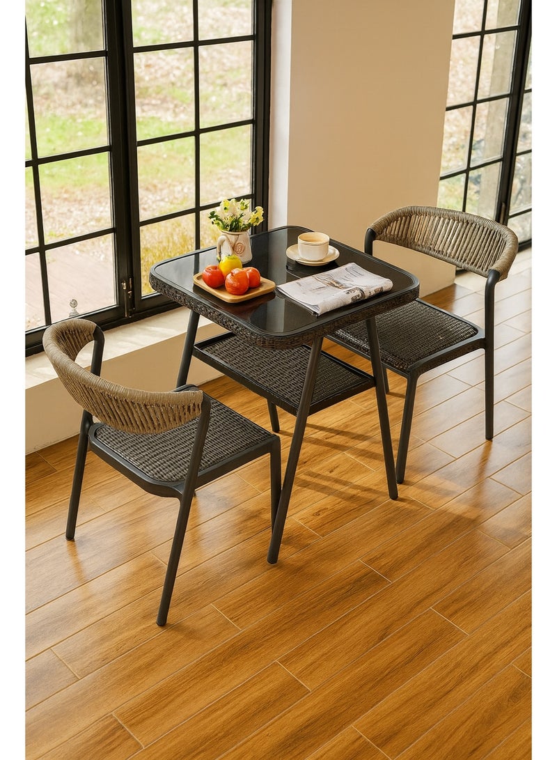 صن رايز طقم طاولة وكراسي خارجية مكون من 3 قطع – طاولة بسطح زجاجي وكراسي بحبال منسوجة وإطار من الألمنيوم – تصميم مدمج وقابل للتكديس للشرفة أو الحديقة أو الفناء أو المساحات الصغيرة - Image 1