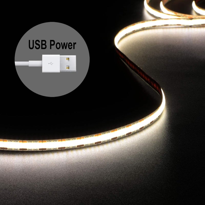 شريط LED USB 5V 4.9 أقدام - 480 LED أبيض 4000K CRI85+ شريط COB LED، أضواء شريط USB مرنة وقابلة للقطع للإضاءة الخلفية للتلفزيون، غرفة النوم، الخزانة، المطبخ، إضاءة DIY - Image 1
