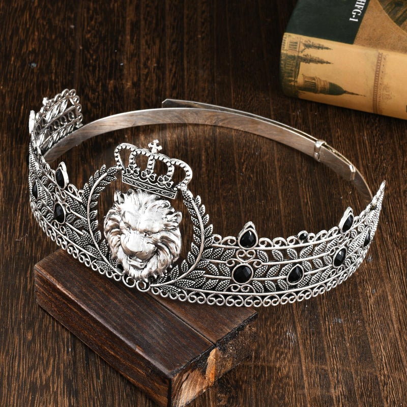 JITINX King Crown and Birthday Sash, King Crown for Men,Gold Men's Tiara Prince Diadem,Royal Medieval Cosplay Birthday Prom Halloween Hair Accessories (Antique Silver Black Crown) - Image 4