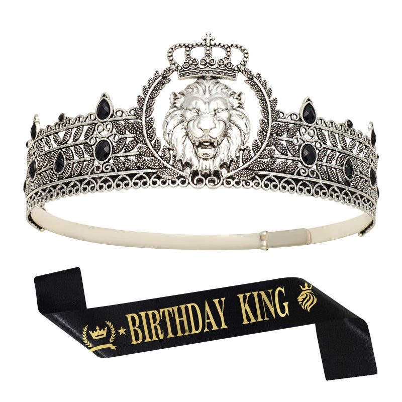 JITINX King Crown and Birthday Sash, King Crown for Men,Gold Men's Tiara Prince Diadem,Royal Medieval Cosplay Birthday Prom Halloween Hair Accessories (Antique Silver Black Crown) - Image 1