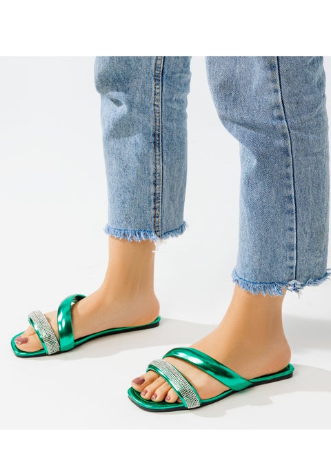 Elegant Leather Flat Slipper With A Strap On The Front-GREEN