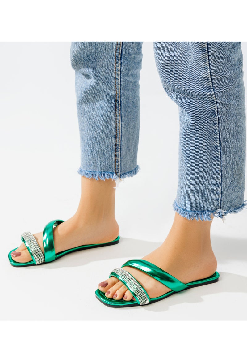 Vbranda - Elegant Leather Flat Slipper With A Strap On The Front-GREEN - Image 1