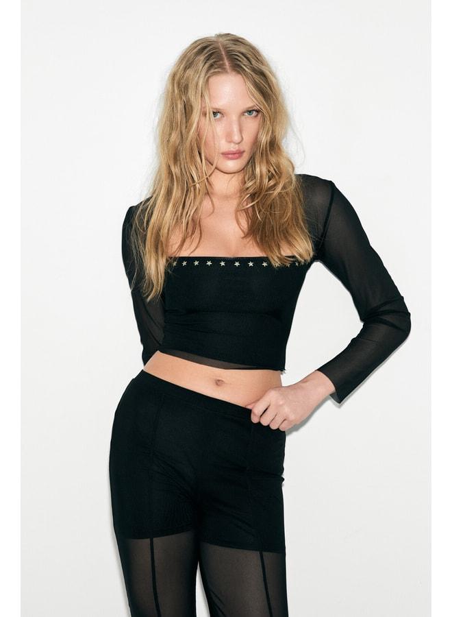 GRIMELANGE ROJA Women's square‑neck black blouse with star‑stone details, lined, long‑sleeve, transparent tulle. - Image 3