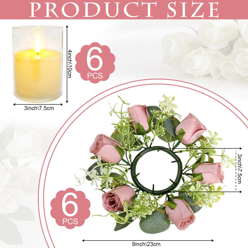 Tobilu 12 PCS Roses Candle Rings Wreaths - 3 Inch Artificial Floral Rings with LED Flameless Candles Eucalyptus Leaves for Spring Banquet Table Centerpieces Home Wedding Party, Dusty Pink - Image 2