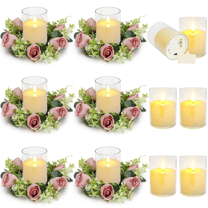 Tobilu 12 PCS Roses Candle Rings Wreaths - 3 Inch Artificial Floral Rings with LED Flameless Candles Eucalyptus Leaves for Spring Banquet Table Centerpieces Home Wedding Party, Dusty Pink - Image 1
