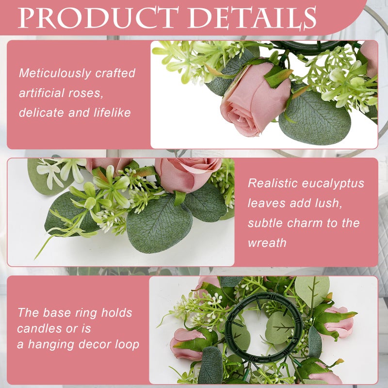 Tobilu 12 PCS Roses Candle Rings Wreaths - 3 Inch Artificial Floral Rings with LED Flameless Candles Eucalyptus Leaves for Spring Banquet Table Centerpieces Home Wedding Party, Dusty Pink - Image 4