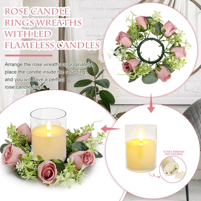 Tobilu 12 PCS Roses Candle Rings Wreaths - 3 Inch Artificial Floral Rings with LED Flameless Candles Eucalyptus Leaves for Spring Banquet Table Centerpieces Home Wedding Party, Dusty Pink - Image 3