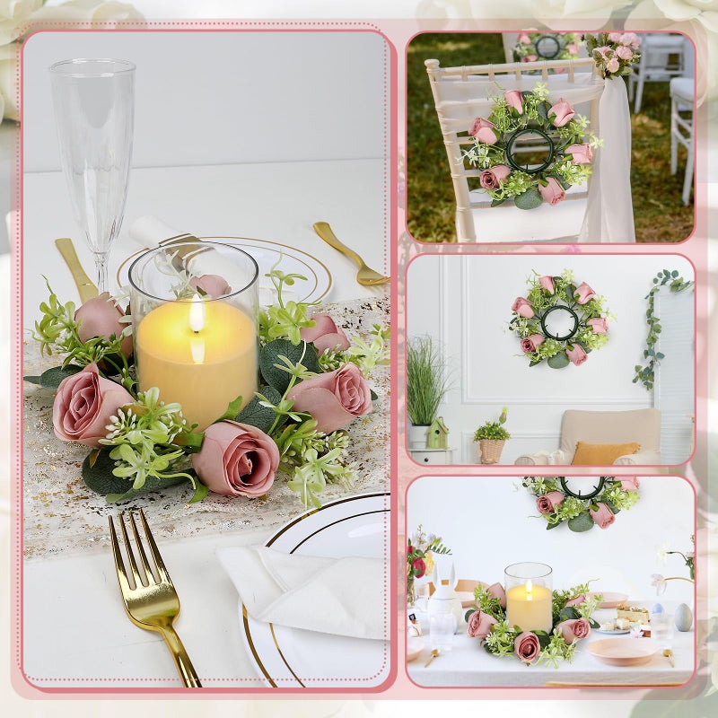 Tobilu 12 PCS Roses Candle Rings Wreaths - 3 Inch Artificial Floral Rings with LED Flameless Candles Eucalyptus Leaves for Spring Banquet Table Centerpieces Home Wedding Party, Dusty Pink - Image 5