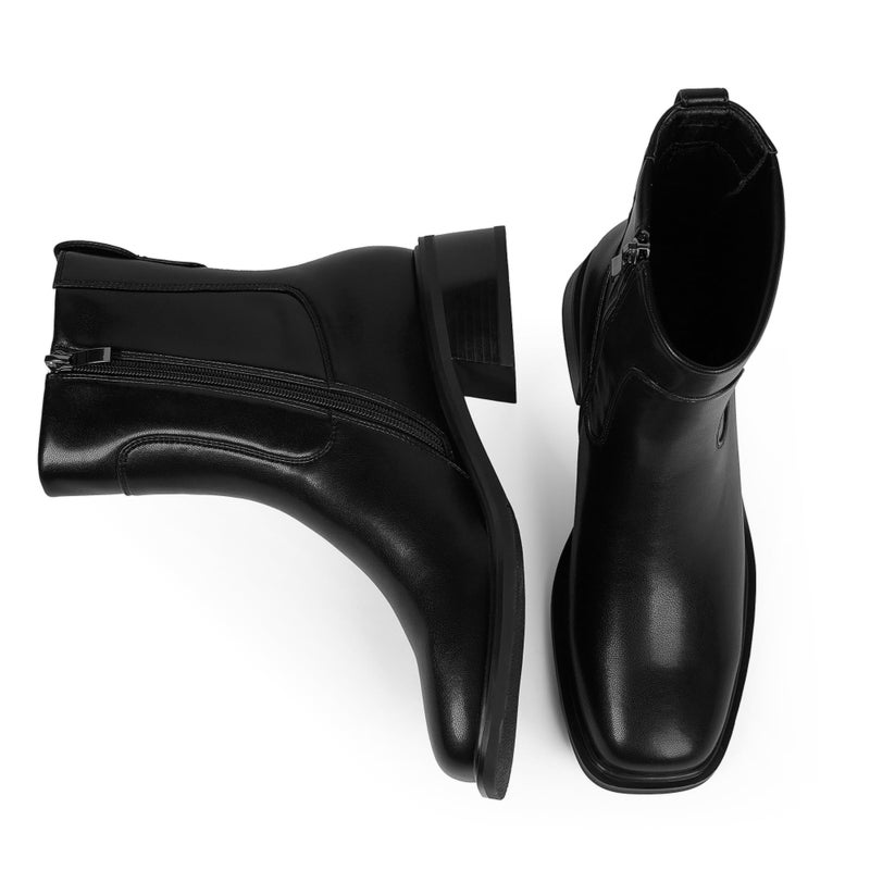 QIY Ankle Boots for Women Low Heel Black Booties Flat Chunky Heel Boots Square Toe Faux Leather Short Heeled Ladies Dress Fall Boot for Women 2025 Size 6 - Image 5