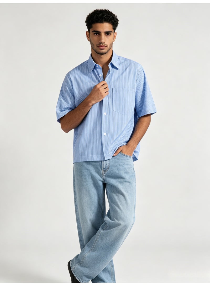 زارا ZARA Men’s Blue Vertical Stripe Short Sleeve Button Down Shirt - Image 3