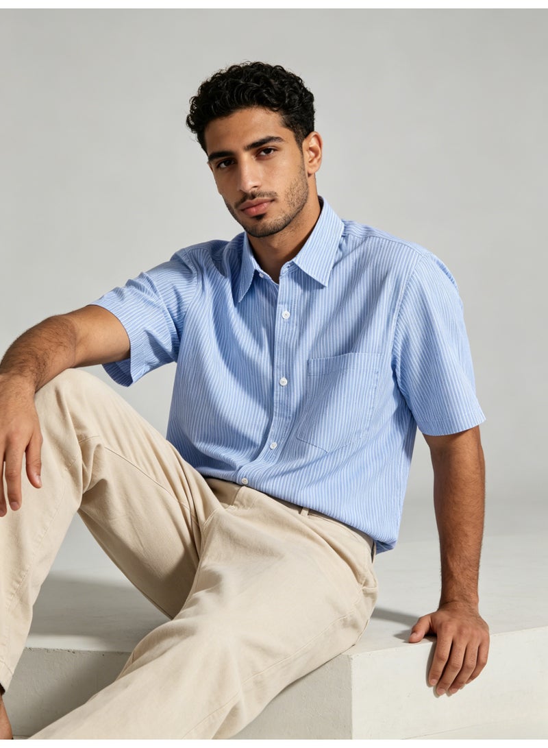 زارا ZARA Men’s Blue Vertical Stripe Short Sleeve Button Down Shirt - Image 4
