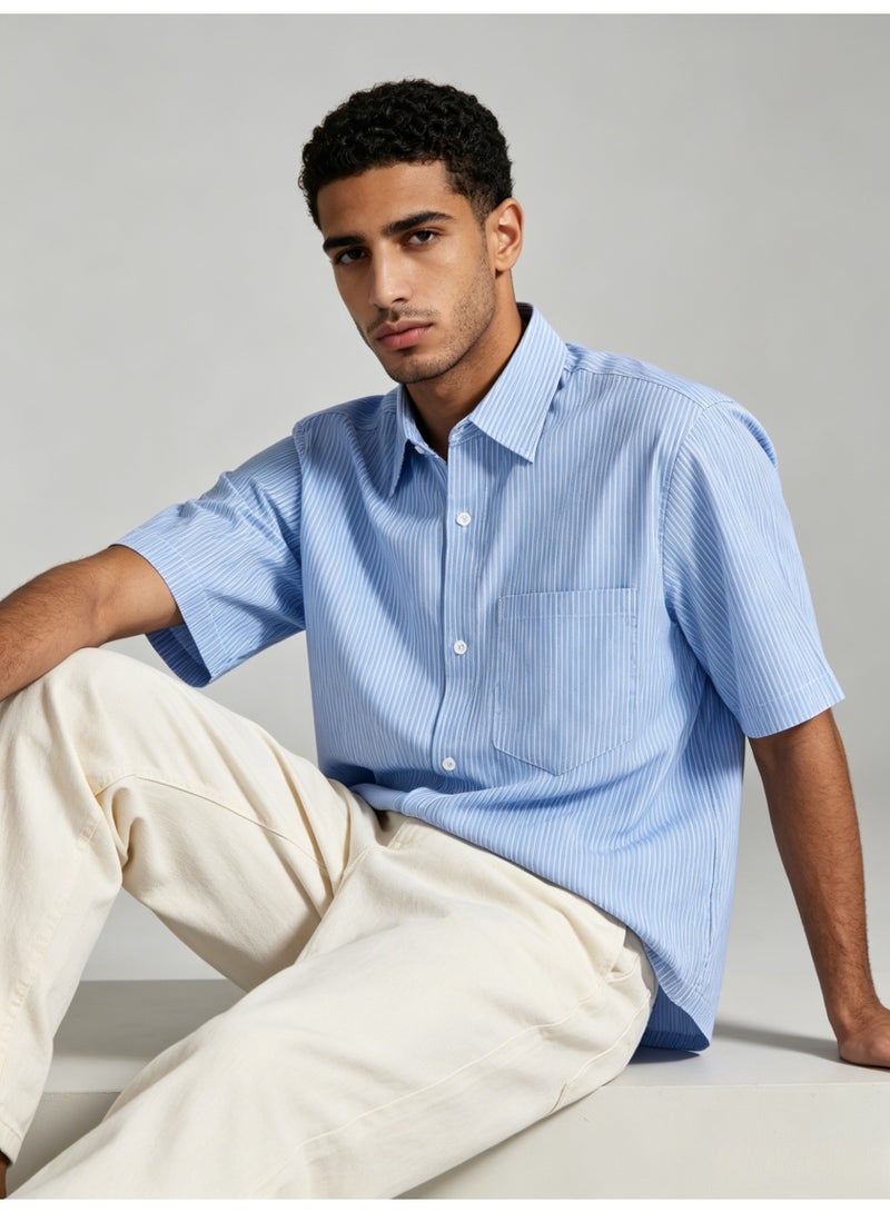 زارا ZARA Men’s Blue Vertical Stripe Short Sleeve Button Down Shirt - Image 5