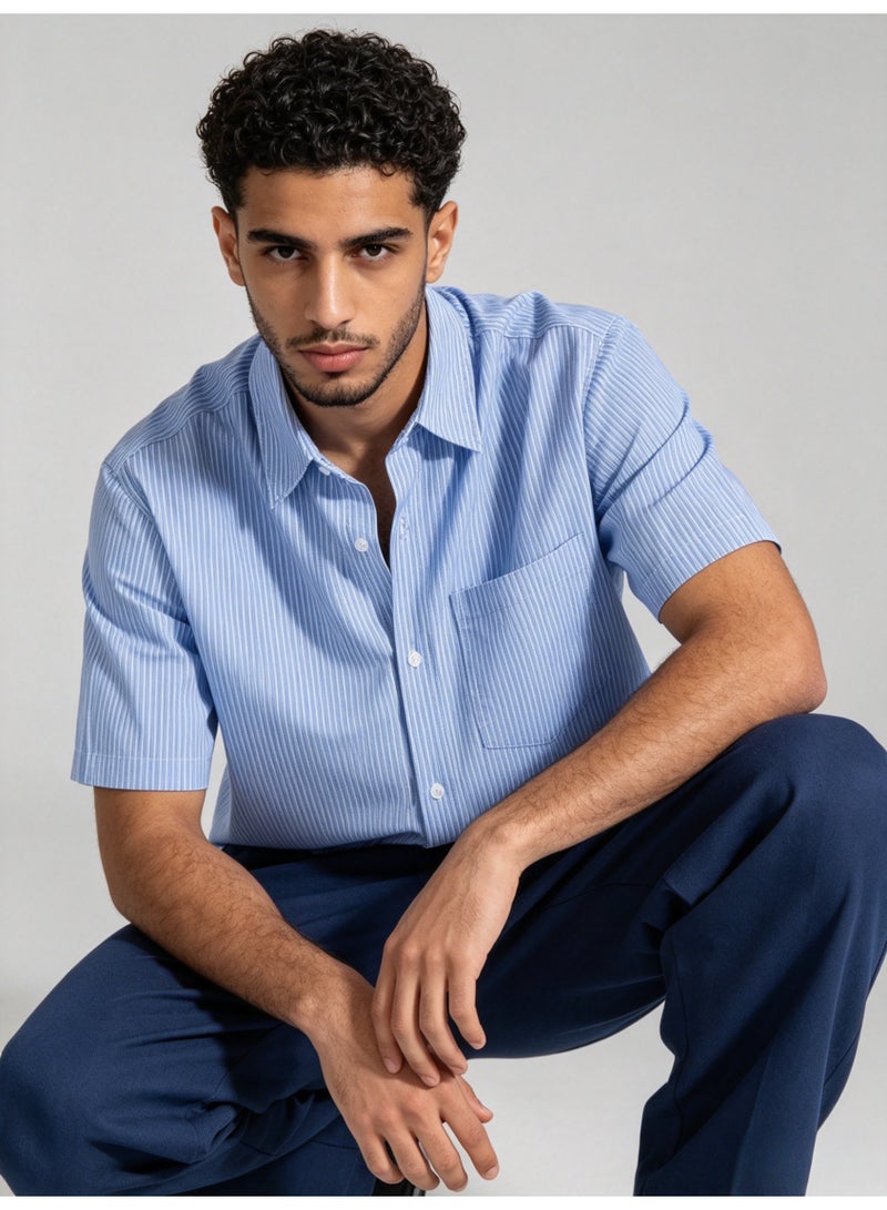 زارا ZARA Men’s Blue Vertical Stripe Short Sleeve Button Down Shirt - Image 1