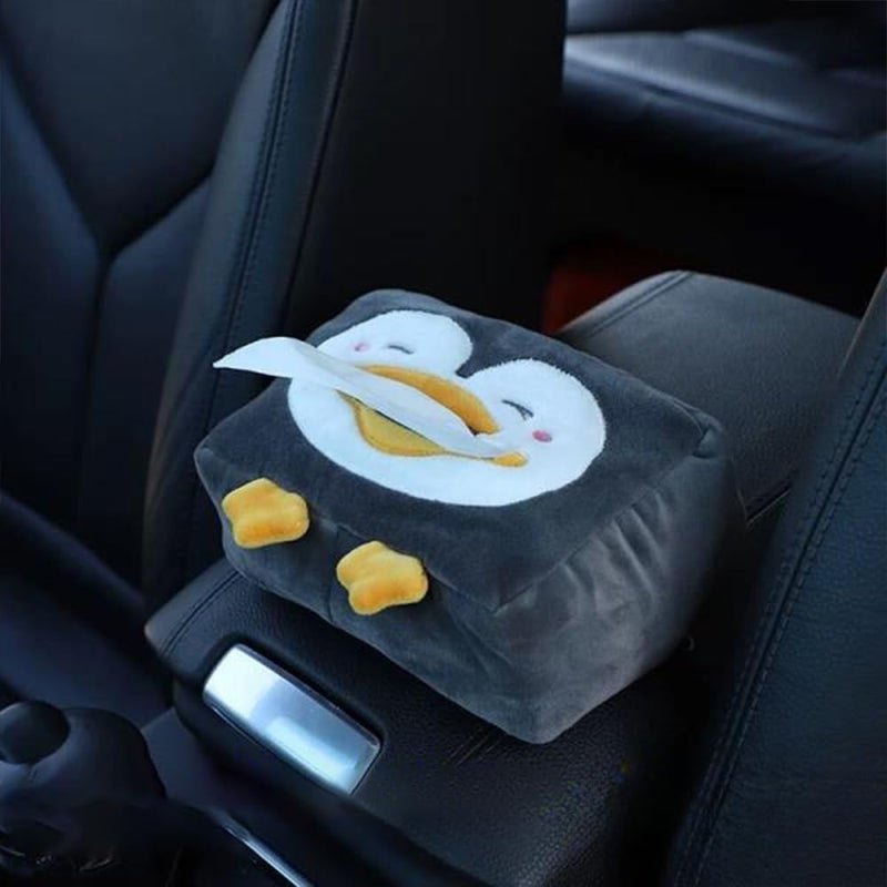ZOTIMO Stylish Velvet Car Tissue Box Holder with Napkin Holder, Animal Face Design - Sun Visor Storage & Organizer Dispenser for Napkins, Tissues, and Papers (Penguin) - Image 1