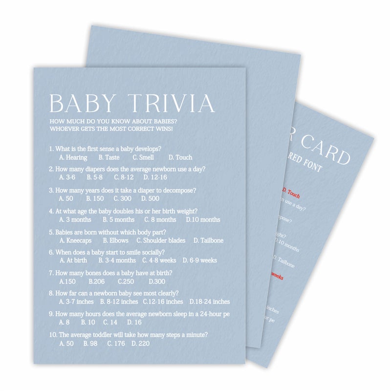 Tabyon Minimalism Baby Shower Game Kits - Trivia Game - Mist Blue - 30 Fill In Cards & 1 Answer Card  Gender Reveal  Announcement  Party Favor & Decor - B06 - Image 1