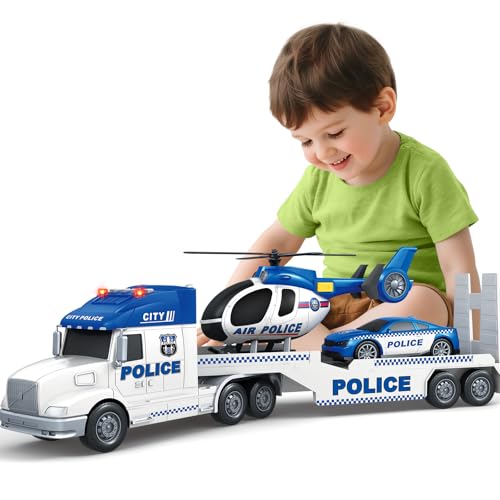 spring flower SpringFlower 3 4 5 Boy Toddlers Toys Extra Large Police Truck Toys with Racing Car and Helicopter 3 in 1 Police Car Toy Birthday Gifts for 3 4 5 6 Year Old Boys Toddlers Girls - Image 1