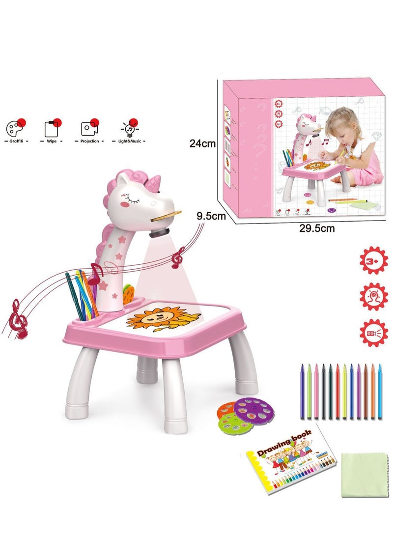 طاولة عرض يونيكورن وردية اللون، جهاز عرض رسم للأطفال مع مصباح يدوي، لعبة عرض شرائح، طاولة رسم تتبعية مع موسيقى خفيفة، مناسبة لهدايا ألعاب تعلم الفن المبكر - Image 2