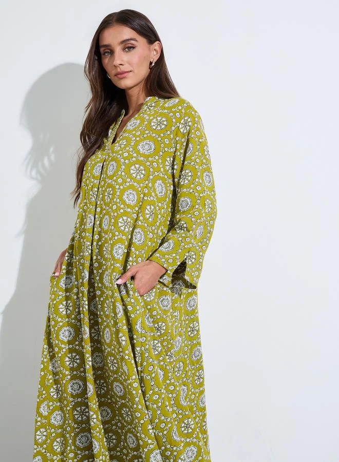 Amirah  Women Green Floral Print A-Line Jalabiya for Women | Best Price UAE