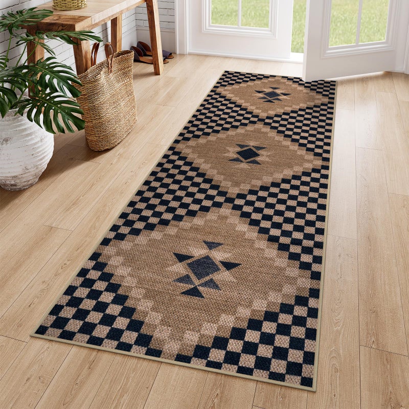 LIVEBOX Easy Jute Runner Rug for Entryway 2x6 Runner Rug Kitchen Rugs Non Slip Washable Black Checkered Indoor Runner Rugs for Laundry Room Bedroom Carpet Runners for Hallway 6ft