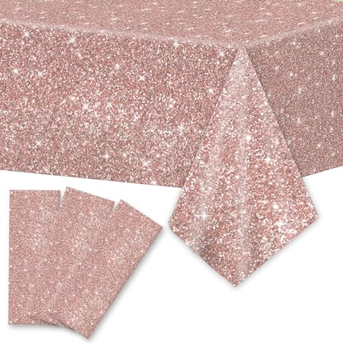 gisgfim 3pcs Pink Rose Golden Birthday Party Tablecloths Rose Gold Sequin Plastic Table Cover Glitter Diamonds Happy Birthday Background Girls for Wedding, Graduation, Anniversary, Holiday(Plastic) - Image 1