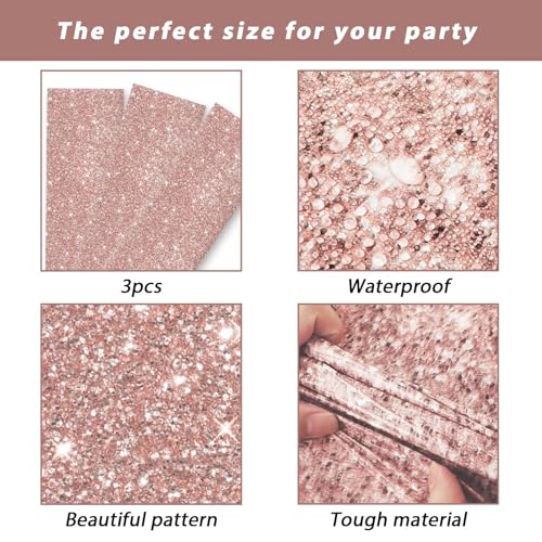 gisgfim 3pcs Pink Rose Golden Birthday Party Tablecloths Rose Gold Sequin Plastic Table Cover Glitter Diamonds Happy Birthday Background Girls for Wedding, Graduation, Anniversary, Holiday(Plastic) - Image 3