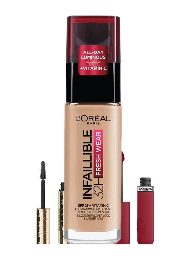 L'OREAL PARIS Infallible 32H Fresh wear Foundation 140 Cool Undertone Sous- Ton Rose & Infaillible Le Matte Resistance Liquid Lipstick Up To 16 Hour Wear, 420 Le Rouge Paris & L’Oréal Paris Volume Million Lashes Panorama Mascara in Black Bundle - Image 1