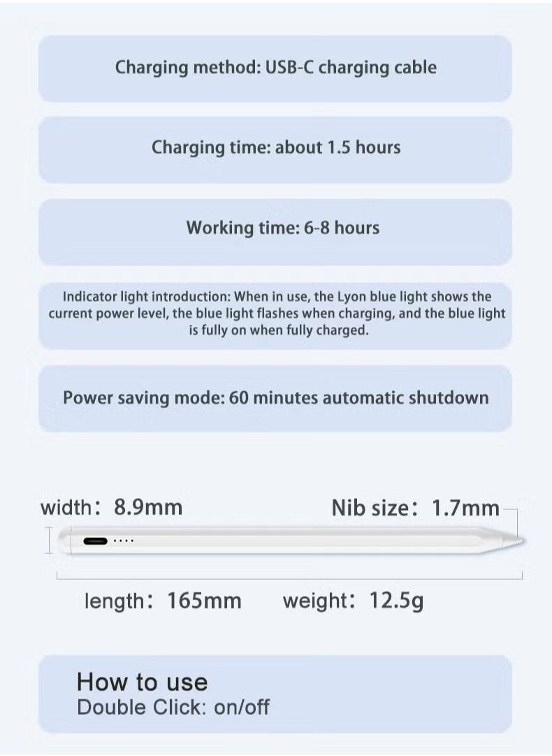 ماركة غير محددة - قلم شاشة لجهاز iPad مع وظيفة رفض راحة اليد، قلم نشط متوافق (2018-2023) Apple iPad Pro 11/12.9 بوصة، iPad 10/9/8/7/6th، iPad Air 5/4/3 الجيل، iPad Mini 6/ الجيل الخامس - Image 1