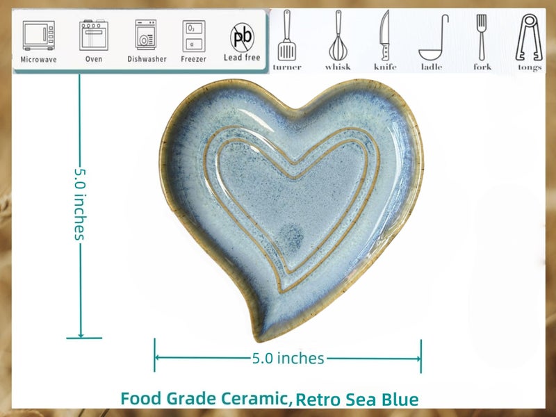 Rhobtyne Ceramic Spoon Rest for Stove Top, Heart Cute Spoon Rest for Kitchen Counter, Cooking Spoon Holder for Kitchen Counter, Utensil Rest Spatula Rest Ladle Holder Tong Rest (Retro Sea Blue) - Image 4