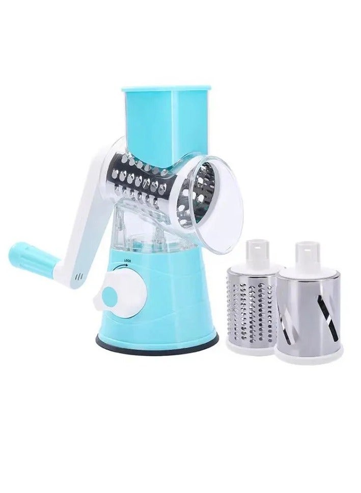AROAQ Vegetable Slicer, Multifunctional Roller Vegetable Cutter, Strong Suction Three Blade Manual Rotary Vegetable Slicer, Easy To Clean Cheese Grater With Handle For Fruit, Vegetables, Nuts, (Blue)  - Image 1