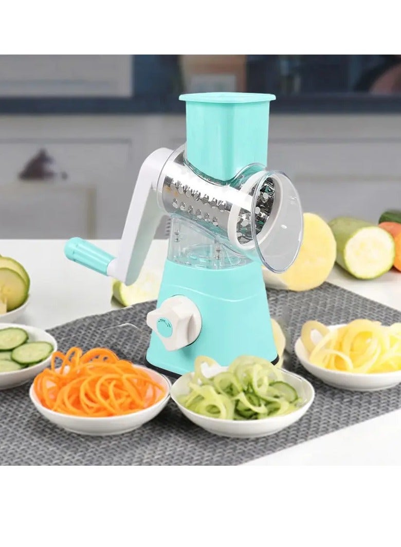 AROAQ Vegetable Slicer, Multifunctional Roller Vegetable Cutter, Strong Suction Three Blade Manual Rotary Vegetable Slicer, Easy To Clean Cheese Grater With Handle For Fruit, Vegetables, Nuts, (Blue)  - Image 2